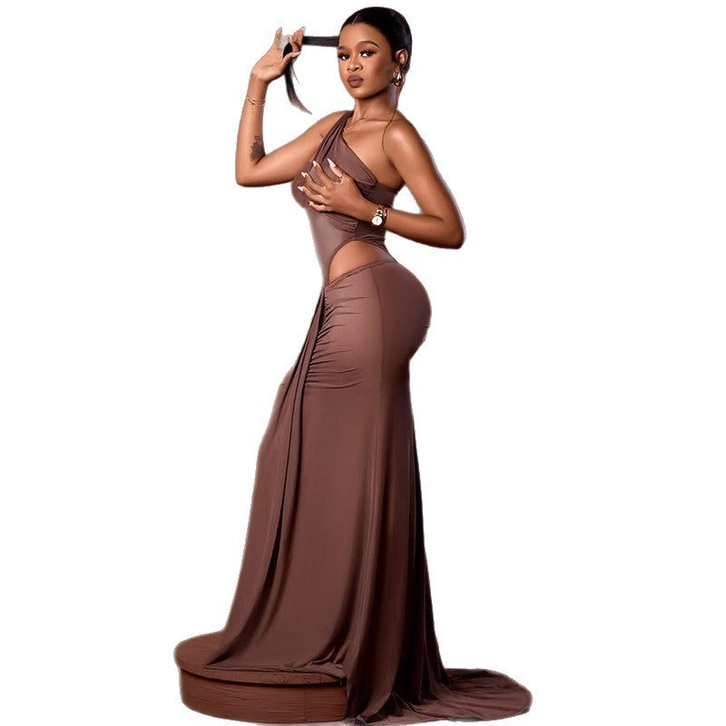 Chic Women’s Pleated Solid Color One-Shoulder Sleeveless Bodycon Long Dress 7