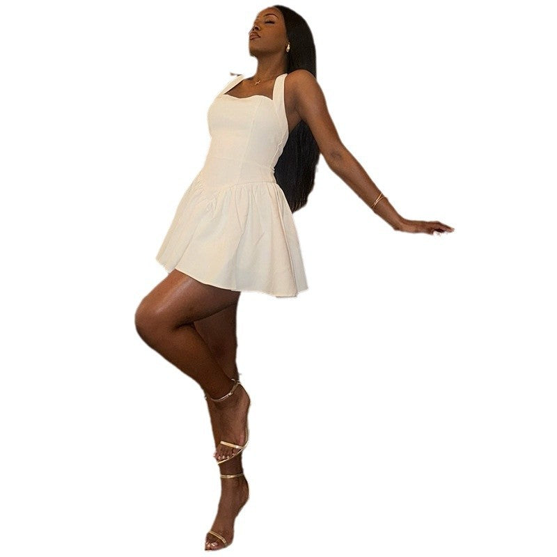 Women's Fashion Solid Color Sexy Strap Halter Sleeveless Low Back A-Line Dress 7