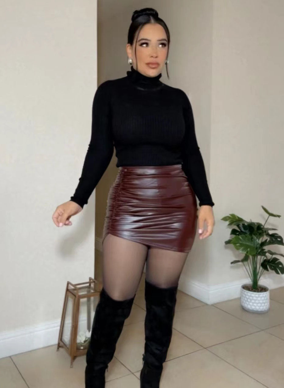 Women's Autumn Winter Pleated Pu Leather Tight Fitting Bodycon Skirt 3