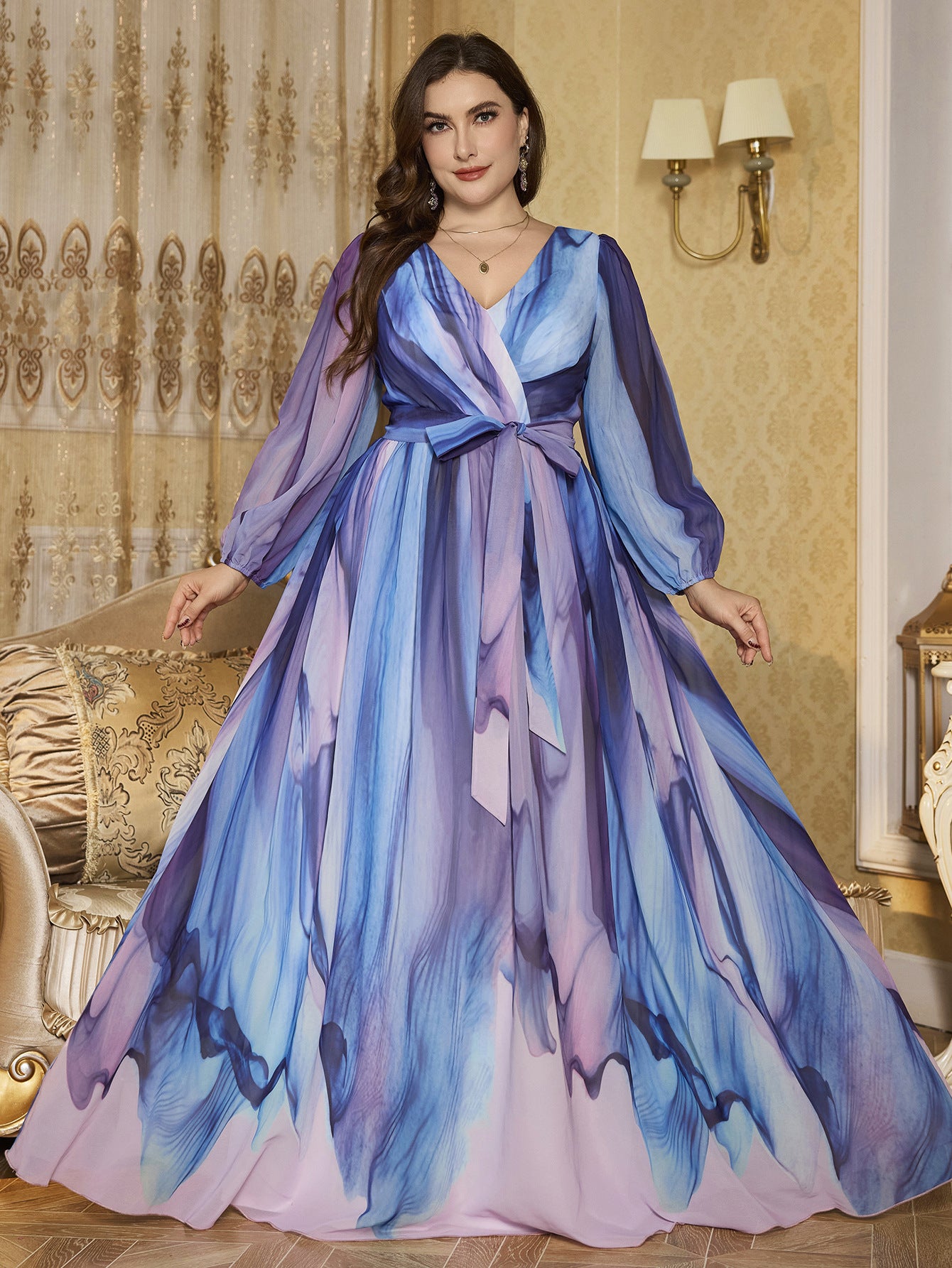 Plus Size V-Neck Lantern Sleeve Chiffon Dress Belted Slim Waist Evening Gown 4