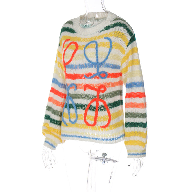 Women's Spring Rainbow Contrast Striped Sweater Women's Loose Pullover Knitting Shirt 9
