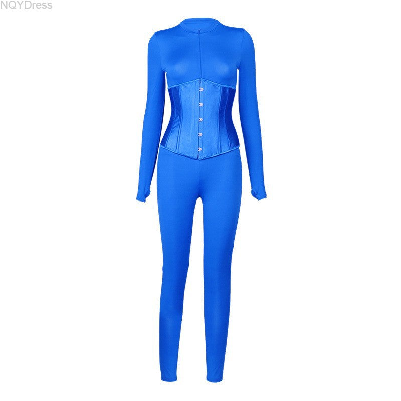 Women's Autumn Solid Color Corset Zipper Tight Fitting Casual Jumpsuit Two Piece Set 36