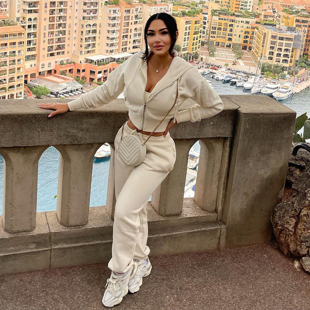 Women Solid Patchwork Ribbed Hooded Zipper Pocket Loose Jacket and Pants Two-piece Set 5