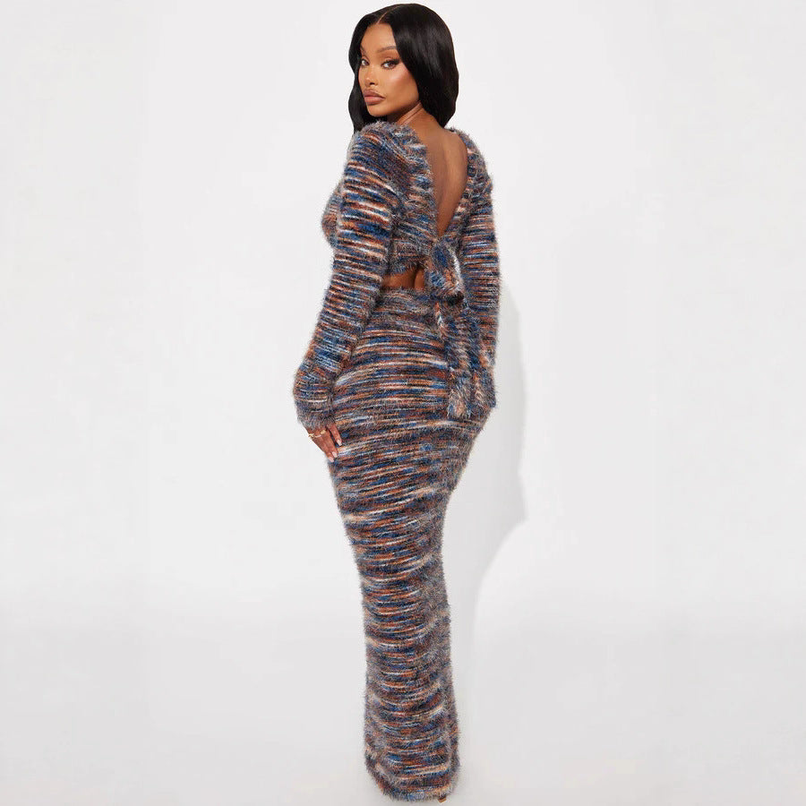 Women's Fashion Knitting Stripes Long Sleeve Two Piece Skirt Set 3