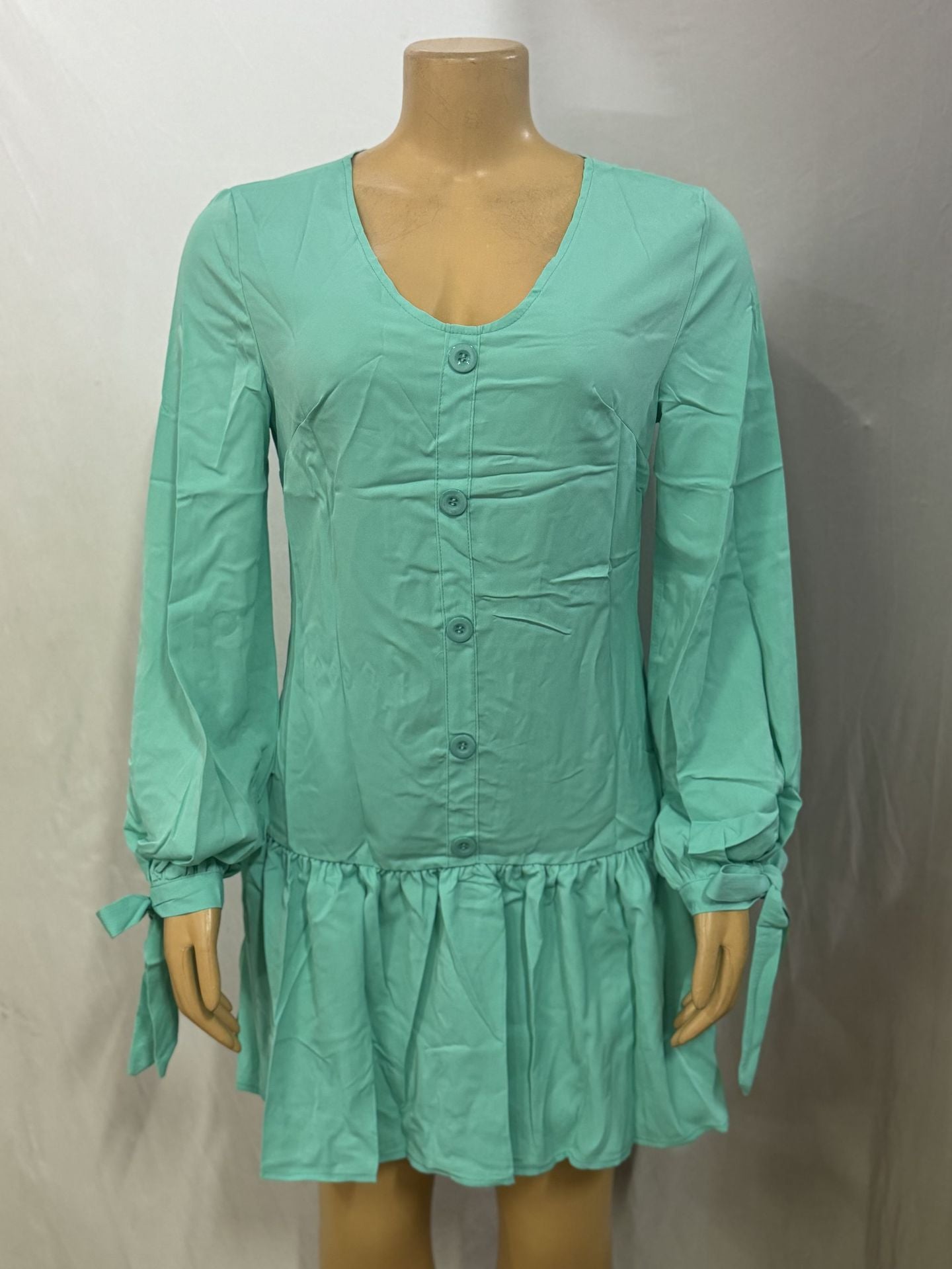 Women Casual U-neck Solid Long Sleeve Lace-Up Pleated Dress 8