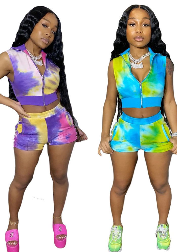 Women's Beaded Sleeveless Sexy Tie-Dye Two-Piece Shorts Set