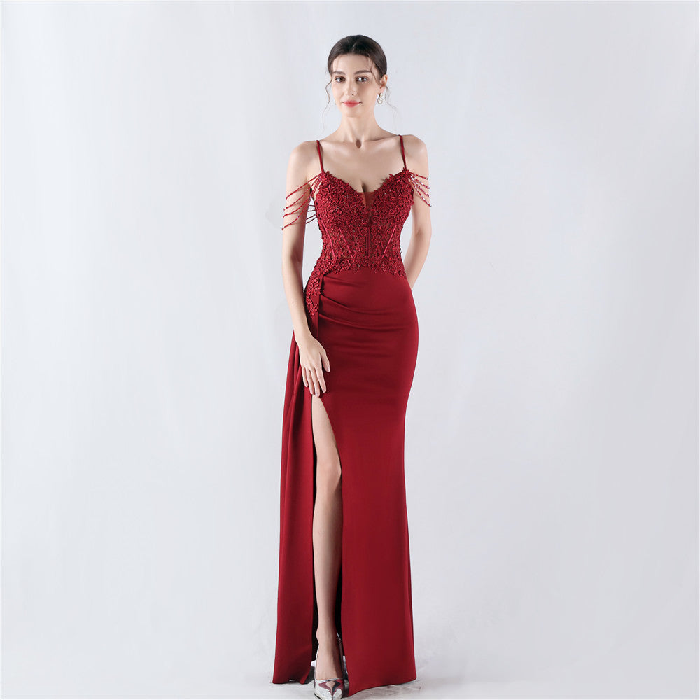 Women Beaded Flowered Fishbone Beaded Evening Dress