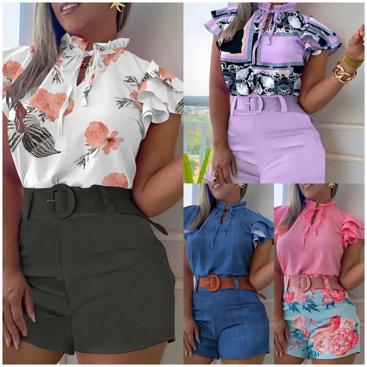Spring Fashion Casual Print Shirt Shorts Two Piece Set