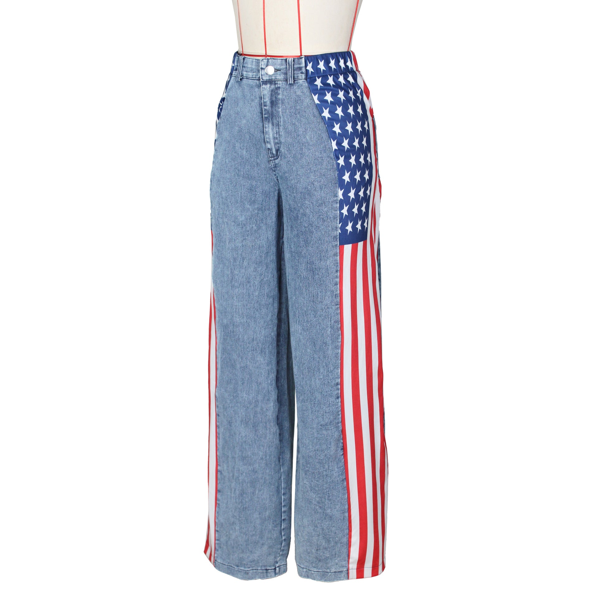 Women American Flag Printed Elastic Wide Leg Denim Pants 10