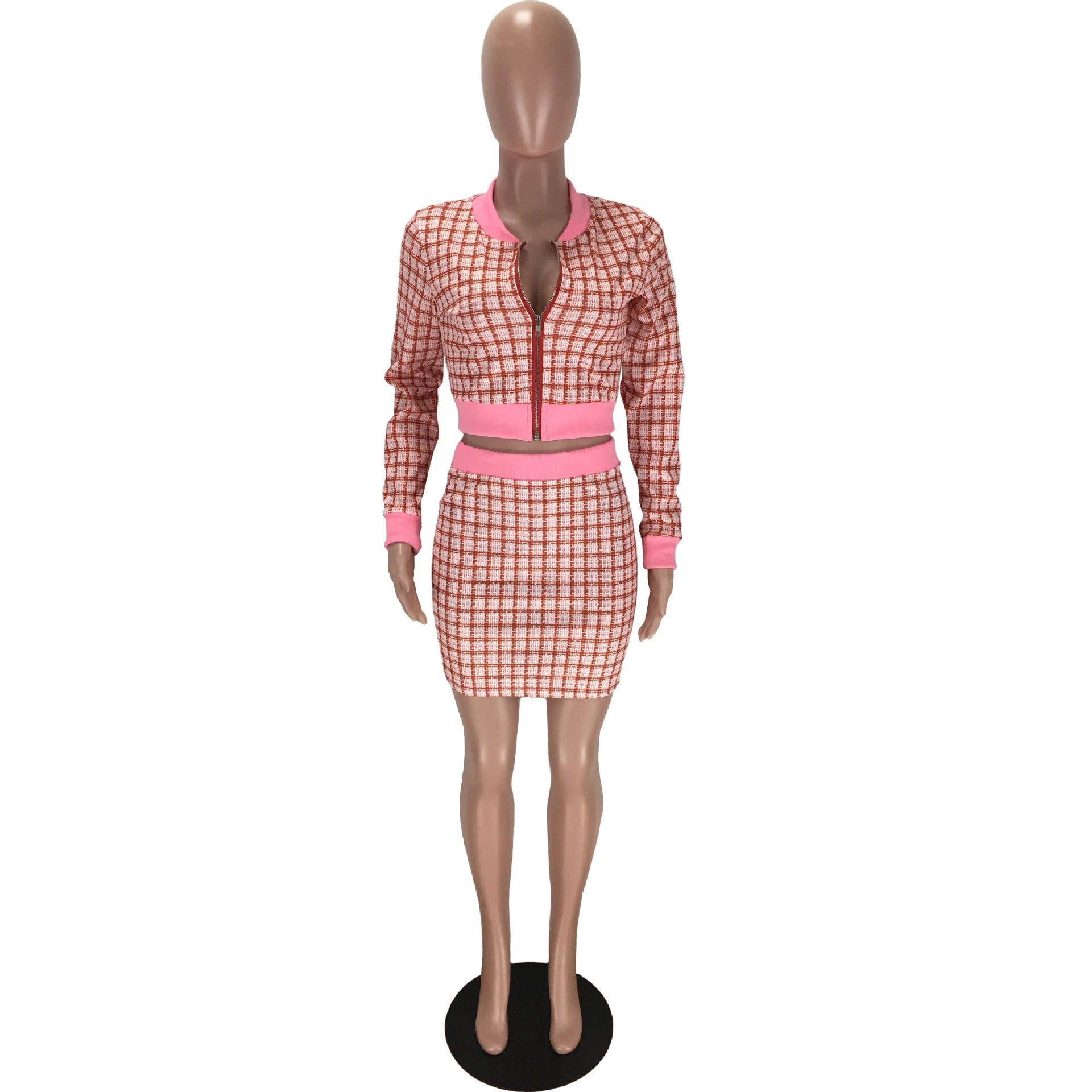 Women Plaid Ribbed Long Sleeve Top and Skirt Two-piece Set 35