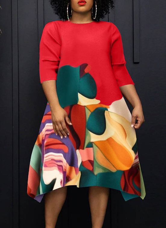 Women Round Neck Casual Contrast Print Dress 3