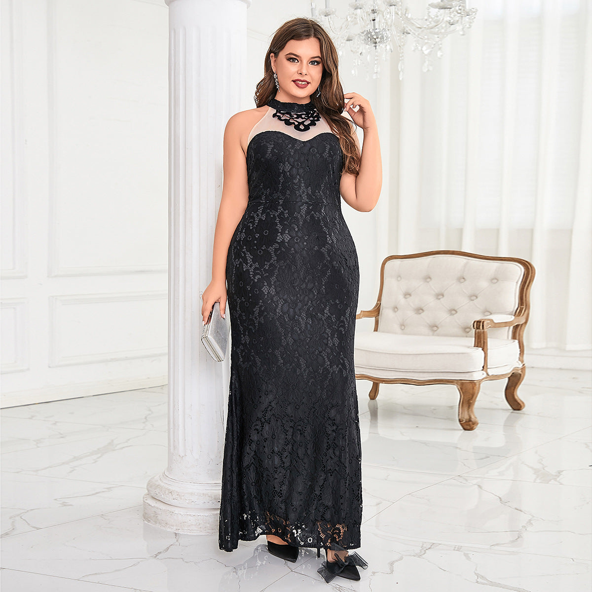Plus Size Women Round Neck Sleeveless Elegant Formal Party Evening Dress 6