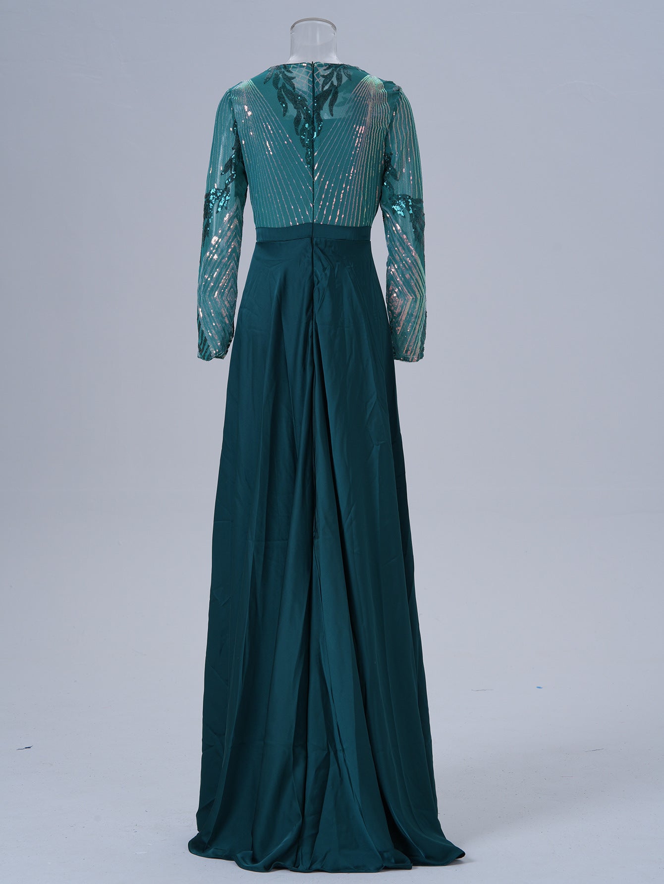 Women Long Sleeve Round Neck Sequined Formal Party Maxi Cape Fishtail Evening Dress 9