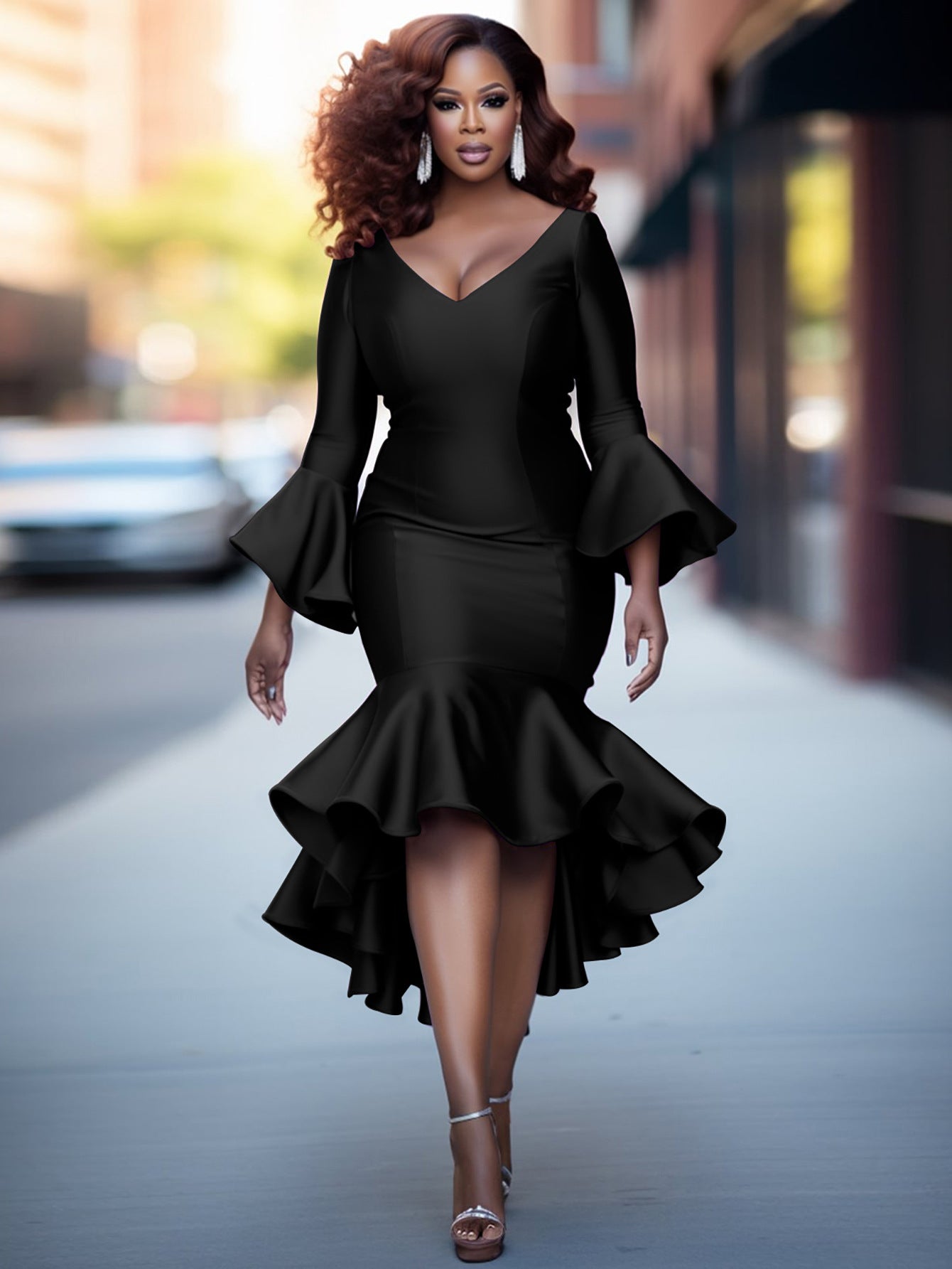 Plus-Size Women Bell Bottom Sleeve V-Neck Sexy Fishtail Bodycon Dress 4