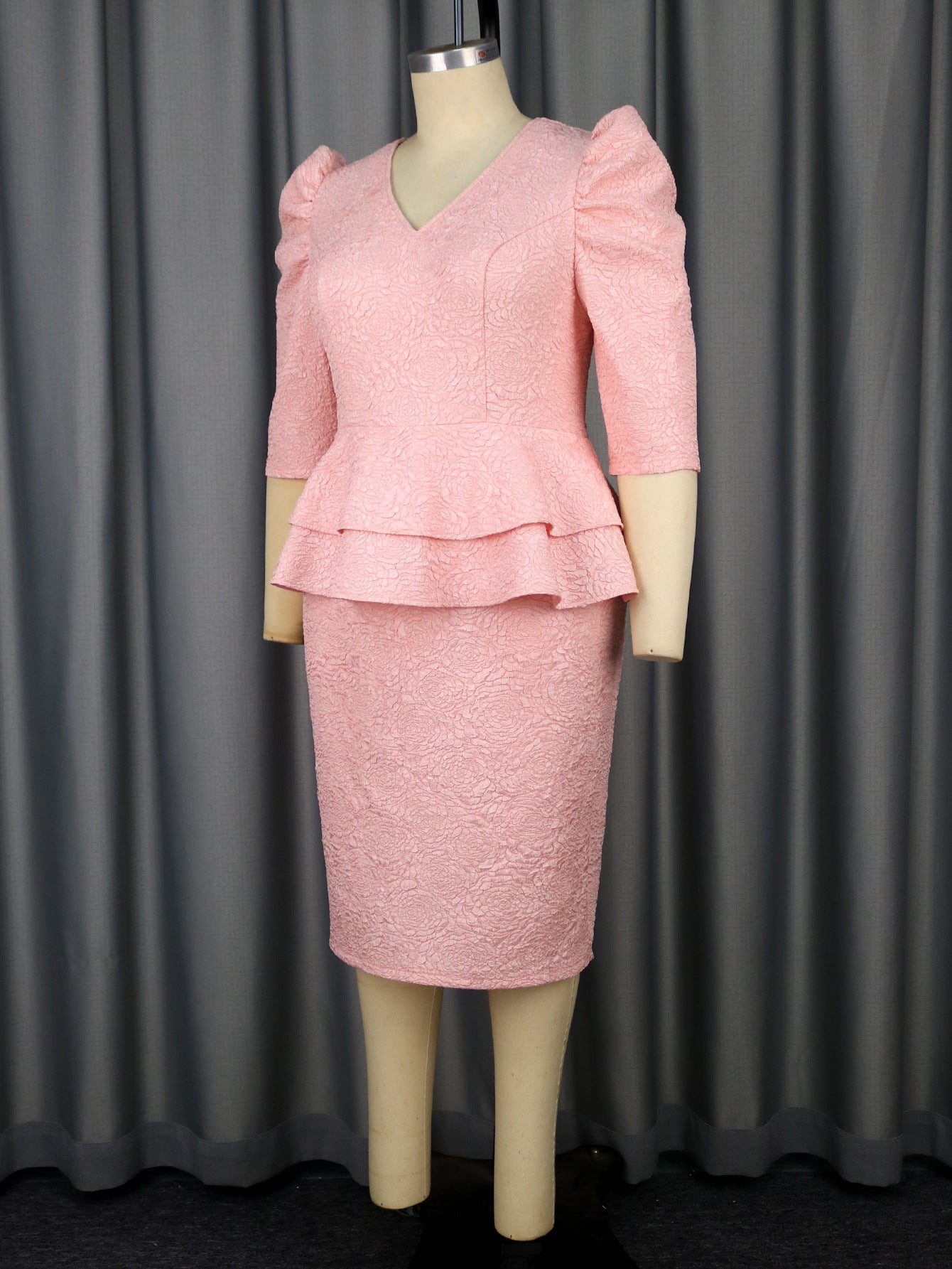 Elegant V-Neck Rose Jacquard Ruffle Slim Bodycon Formal Party Evening Dress 5