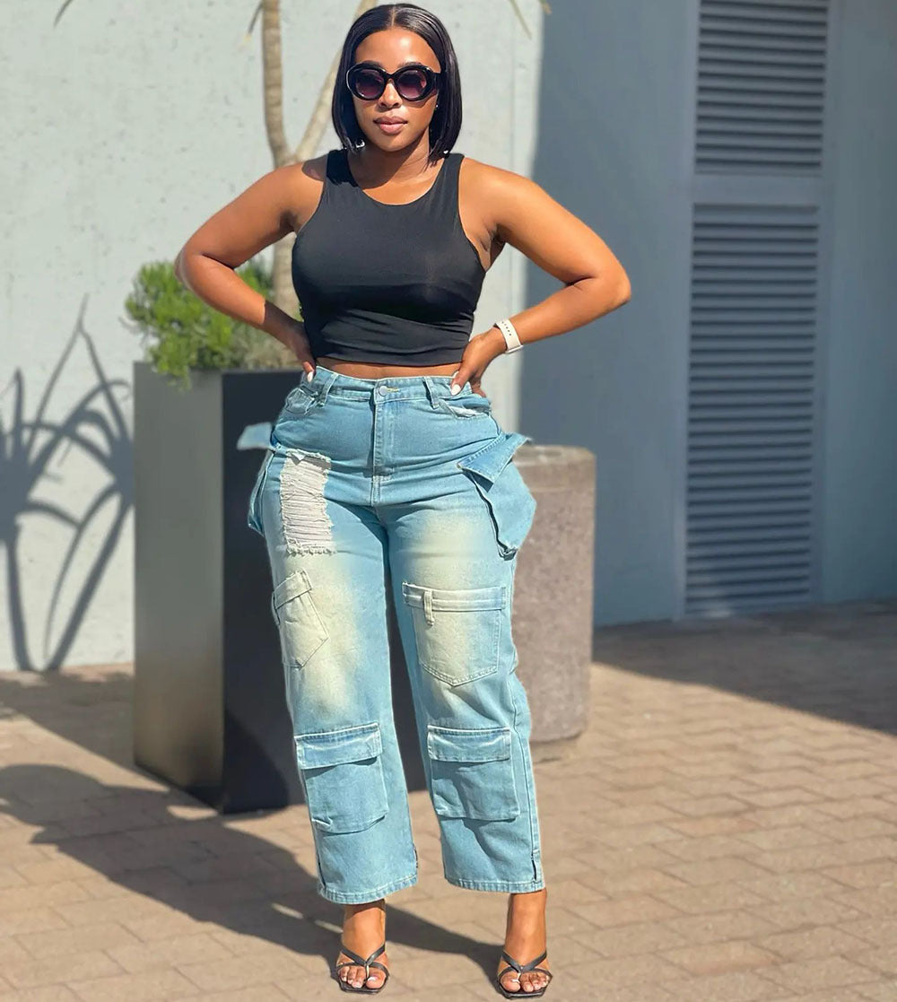 Women Trendy Cargo Denim Wide Leg Pants