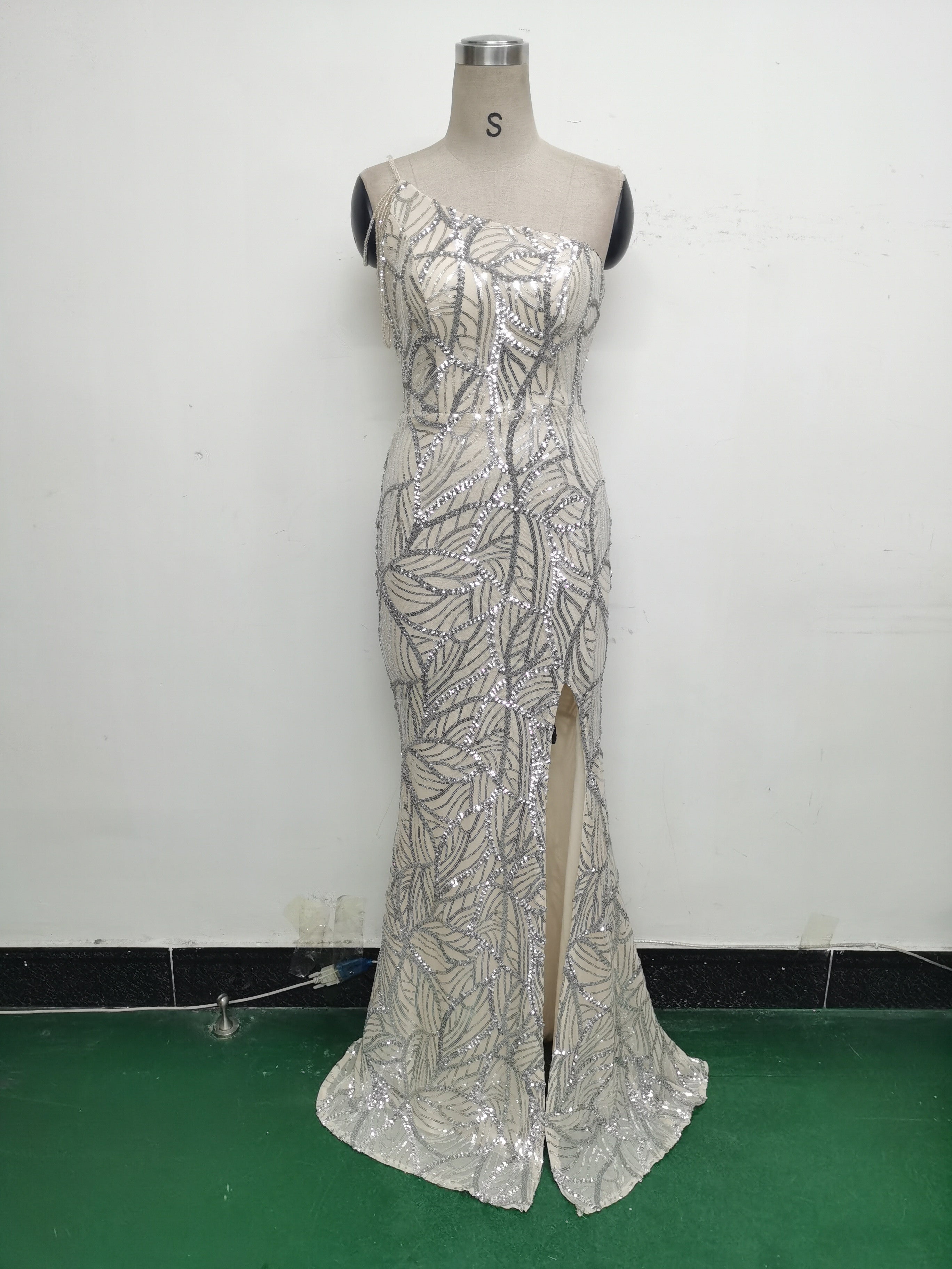 Women One Shoulder Beaded Sequin Embroidery Formal Party Prom Wedding Evening Dress 46