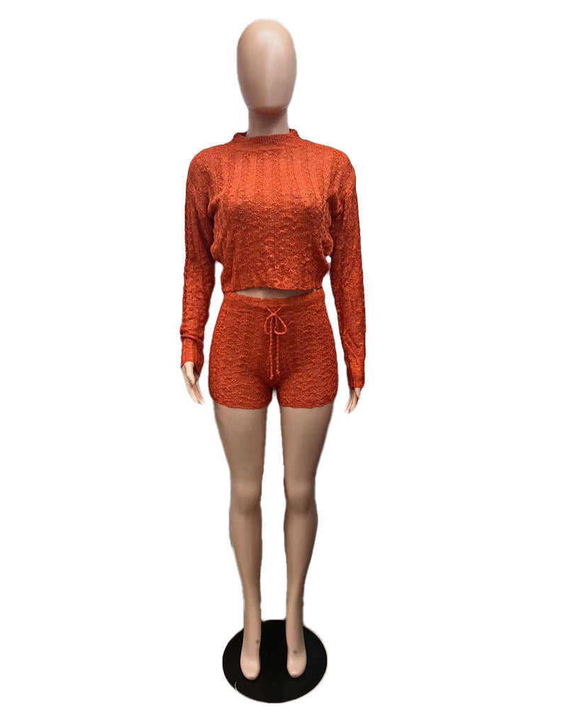 Women Solid sweater and shorts two-piece set 6