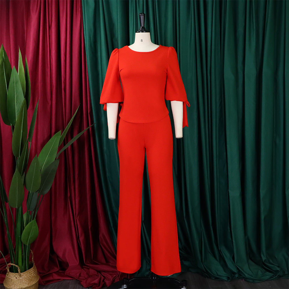 Women's Casual Set Loose Plus Size Lace-Up Top High Waist Wide Leg Pants Two-Piece Set 12