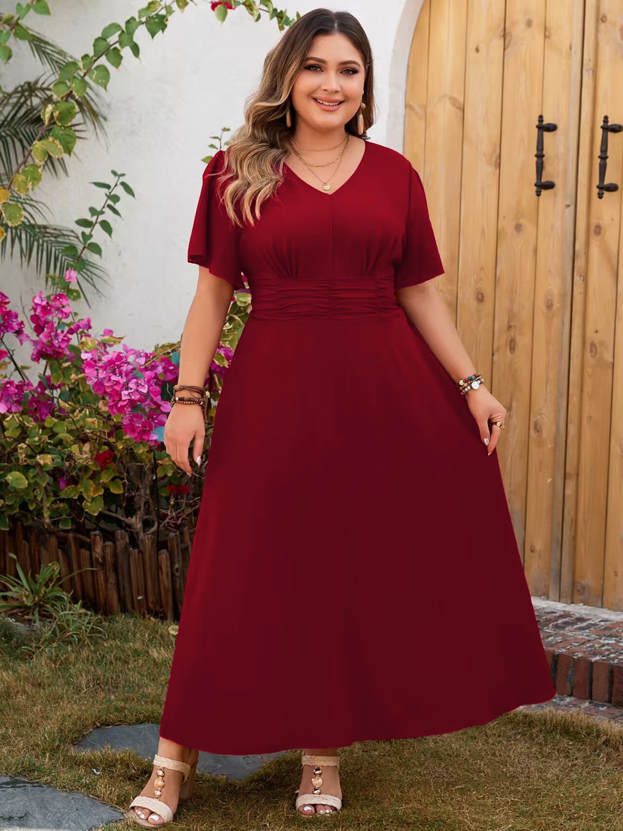Women spring and summer holidays red v-neck chiffon short-sleeved dress