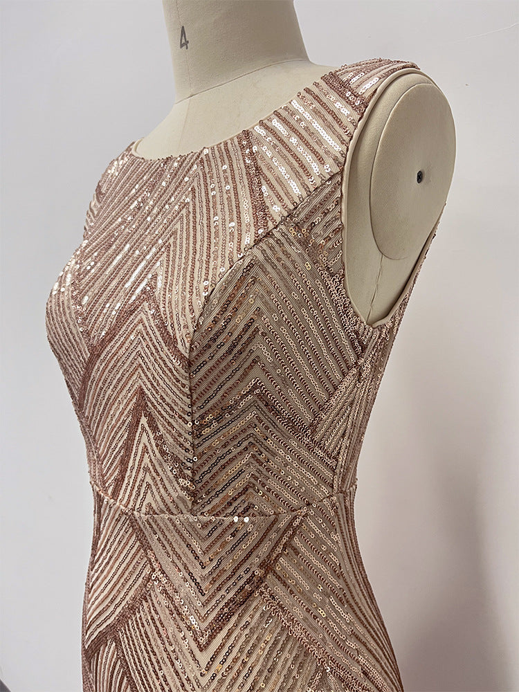 Women's Sleeveless Round Neck Luxury Rose Gold Party Dress Mermaid Glitter Long Plus Size Evening Gown 13