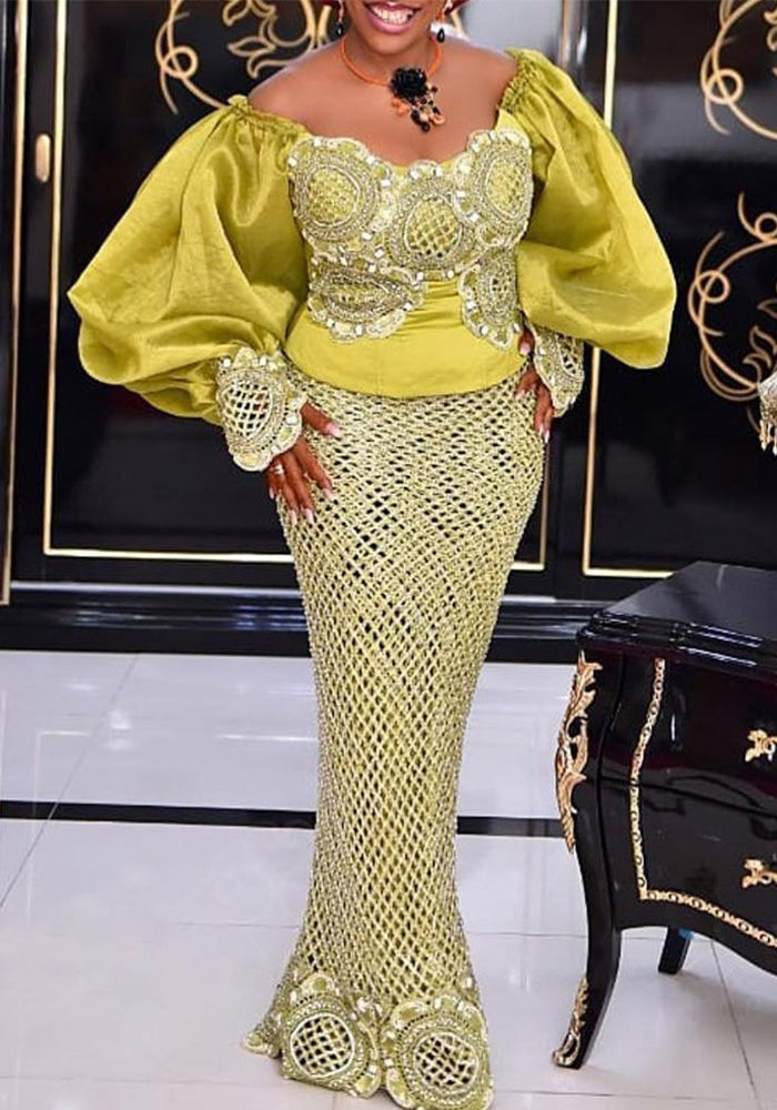 Women Lace embroidered puff sleeve Off Shoulder yellow dress