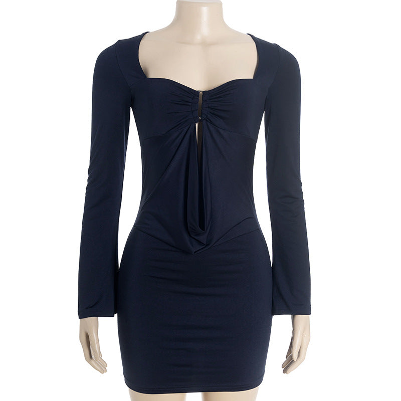 Women Fall Square Neck Long-Sleeved Solid Bodycon Dress 3