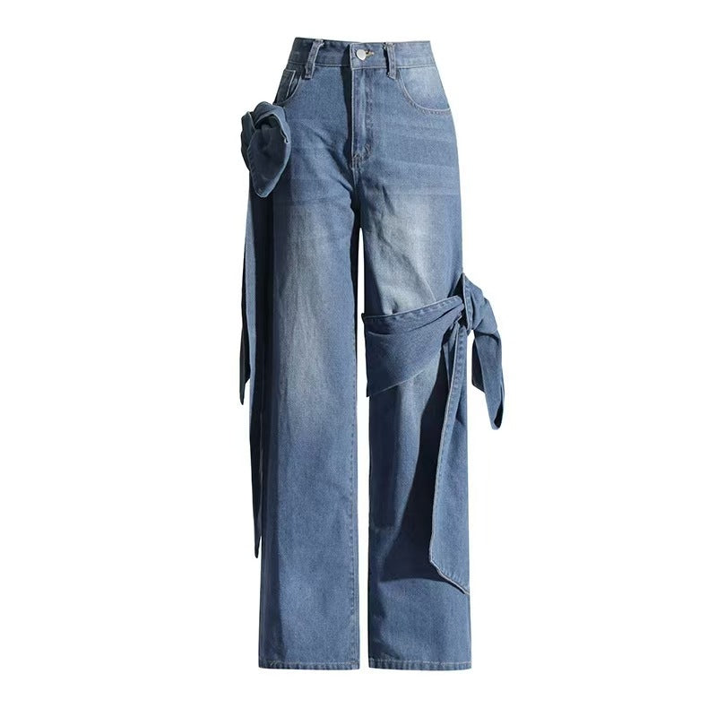 Women Spring Patchwork Bow Denim Wide Leg Pants 11