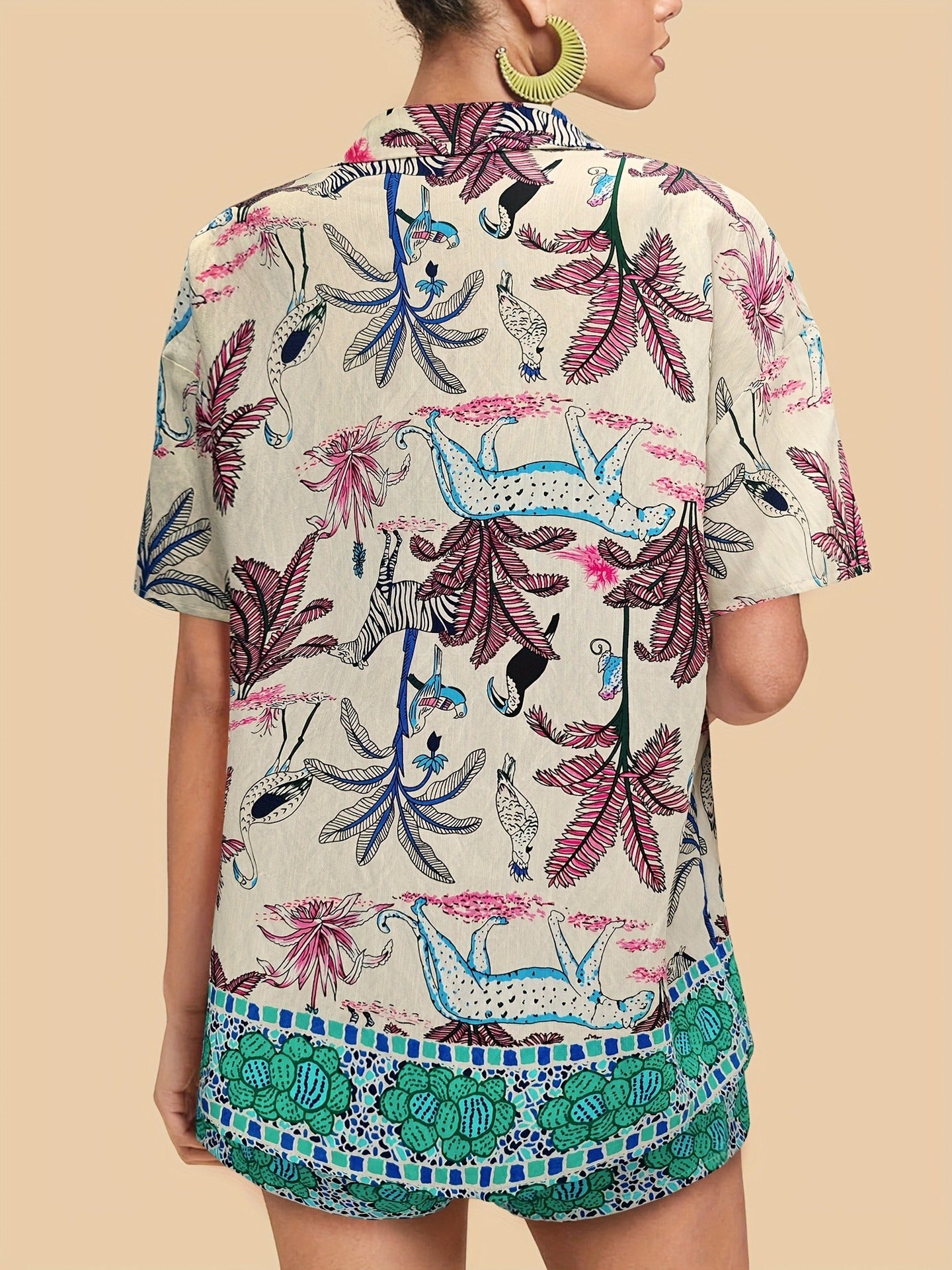 Summer Holidays Bohemian Print Turndown Collar short sleeve shirt top elastic waist shorts two-piece set 3