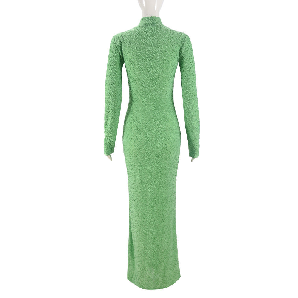 Autumn Round Neck Long Sleeve Flocking Slim Women Dress 6