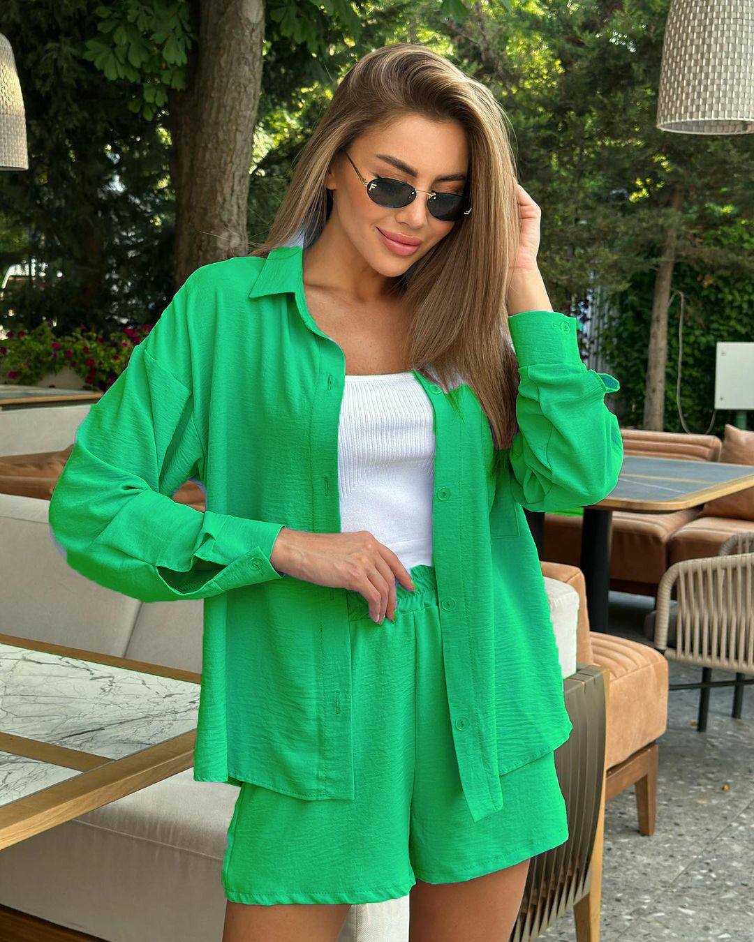 Spring and Spring Women's Solid Color Long-Sleeved Shirt Elastic Waist Loose Shorts Casual Two-Piece Set 5