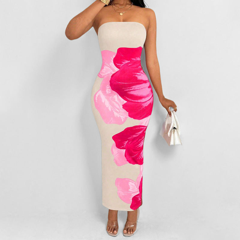 Women Spring elegant floral Strapless print Maxi Dress 6
