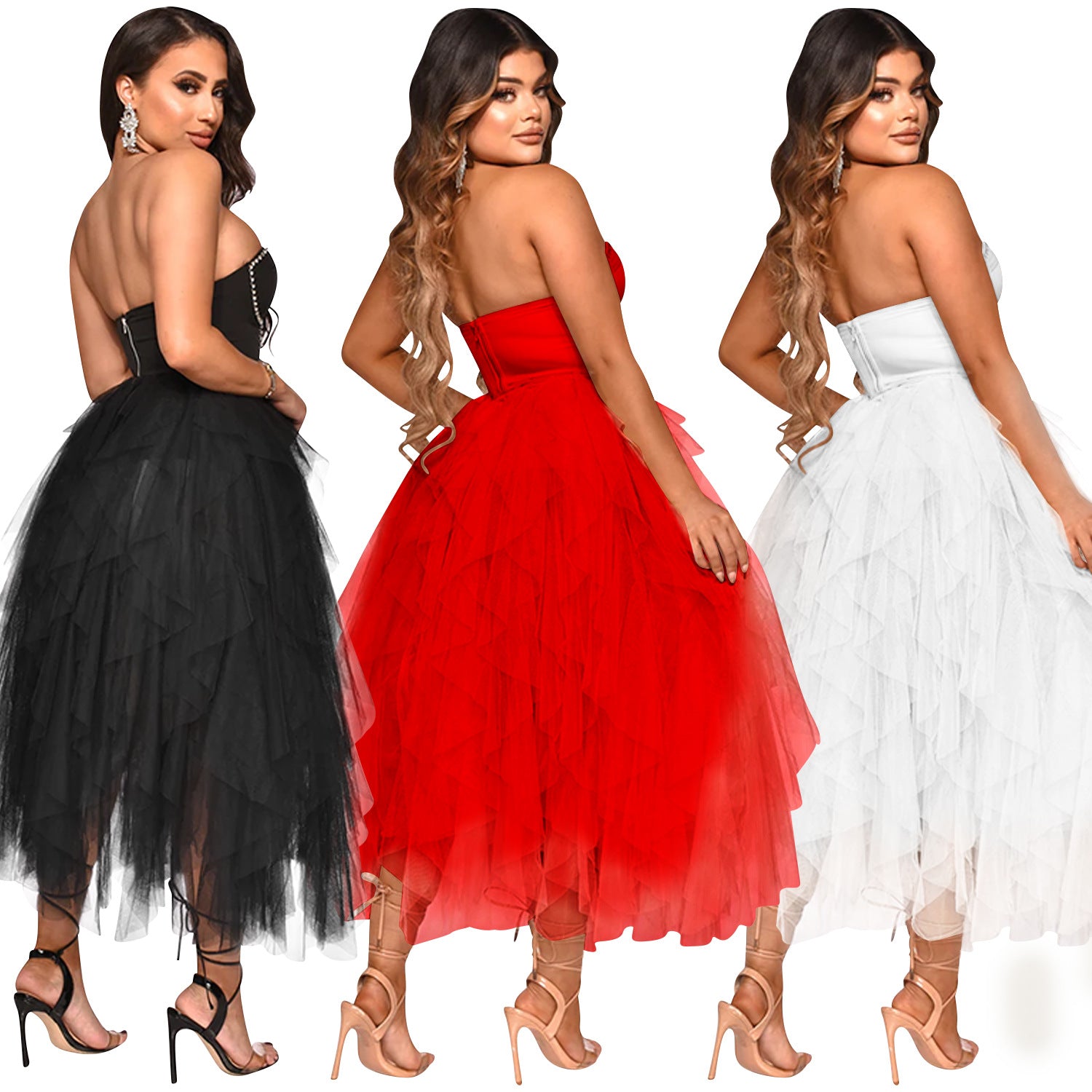 fashion solid color beaded tube top fluffy mesh dress women 9