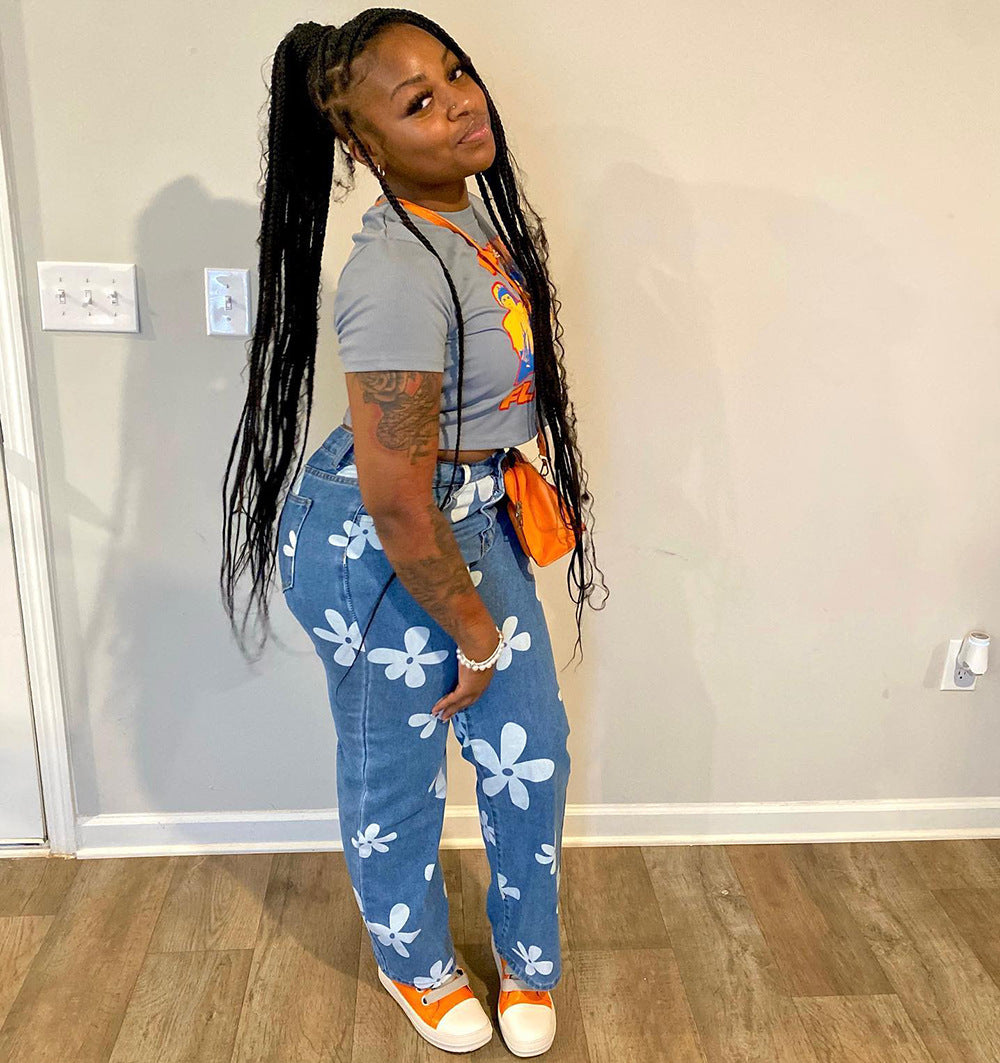 Women Casual Floral Print Denim Pants 5