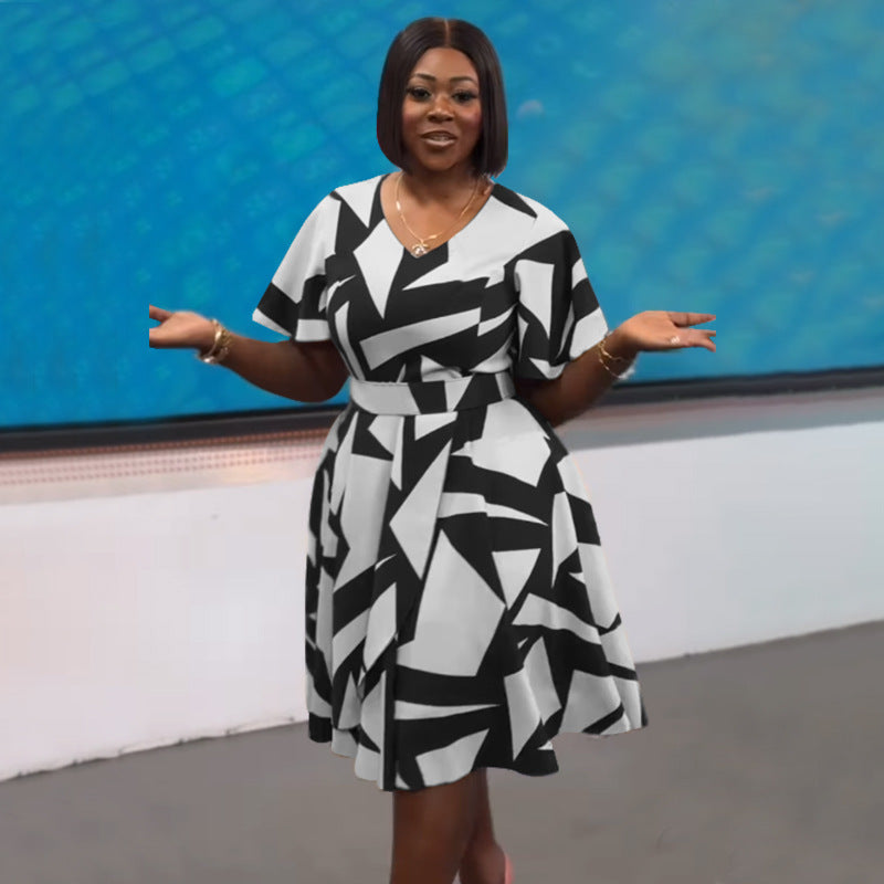 Spring and Summer Elegant Women's V-Neck Printed Slit Dress 6