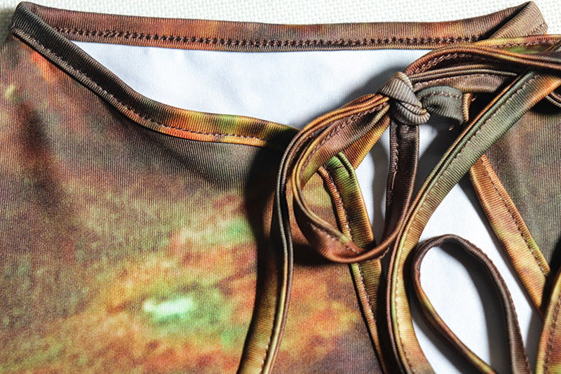 Fashion Printed Retro Long Sleeve Round Neck Hollow Lace-Up Bodycon Women's Dress 9