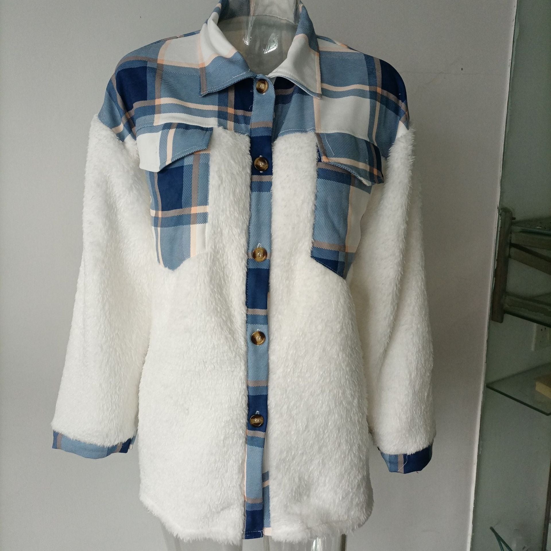 Women Turndown Collar Leopard Plaid Print Furry Patchwork Contrast Warm Long Sleeve Shirt 31