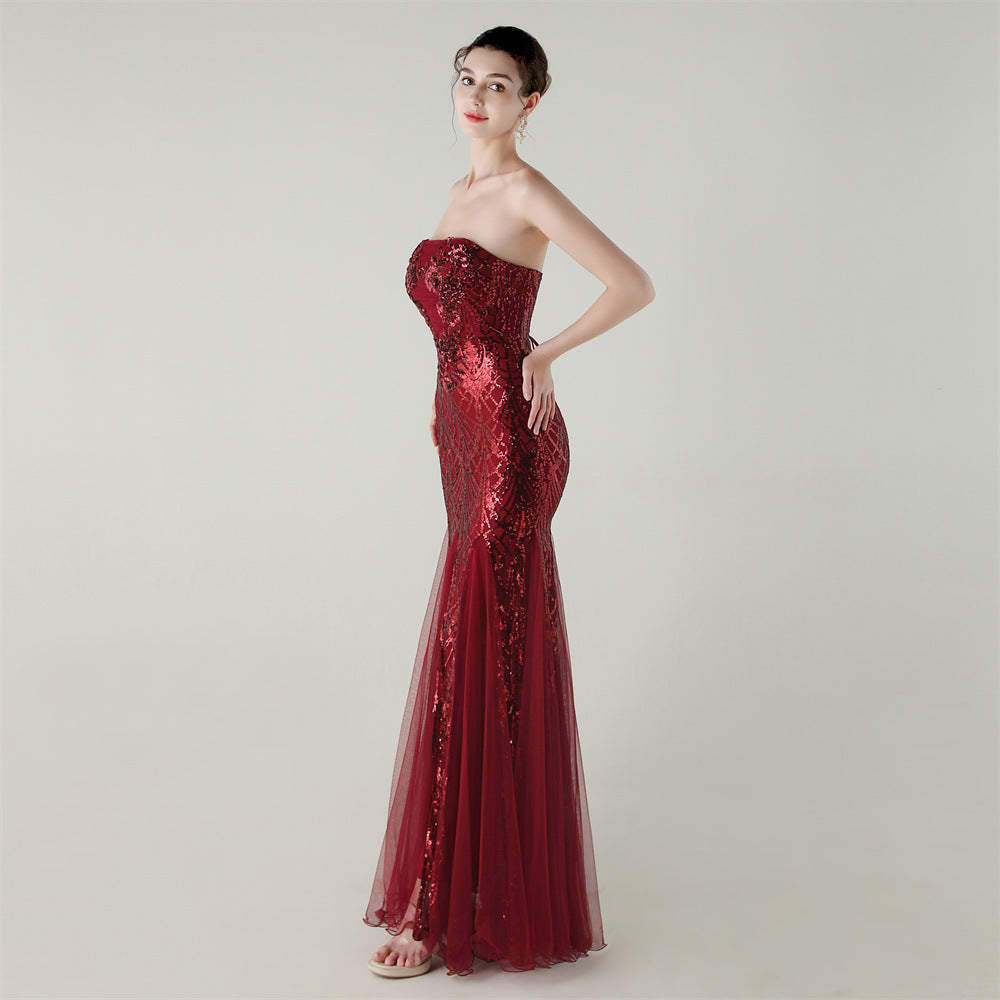 Women Strapless cross Lace-Up sequined tube flower sequined mesh evening dress Formal Party evening dress 91