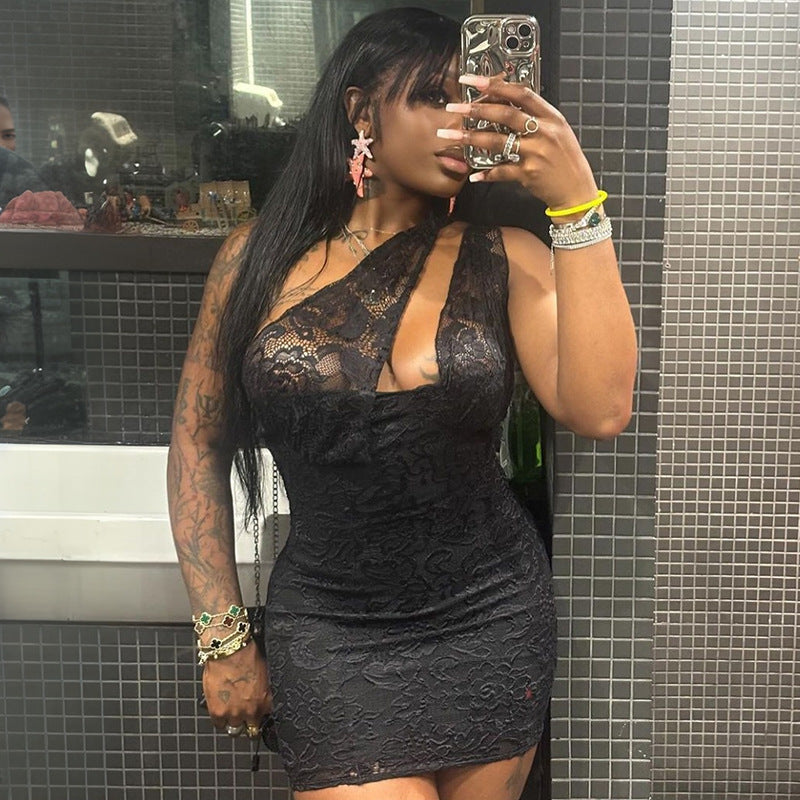 Summer irregular hollow Slash Shoulder Lace Tight Fitting Bodycon Dress