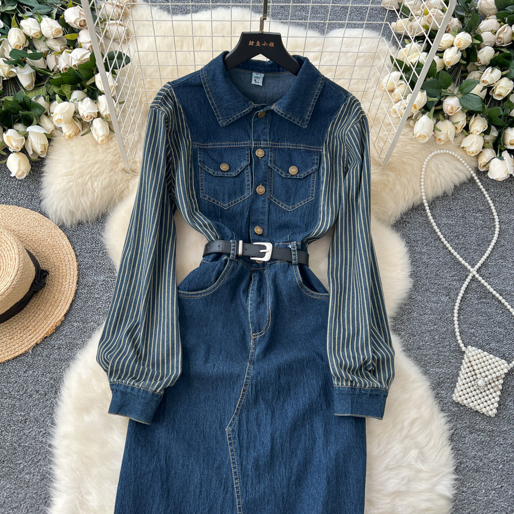 Women's Long Sleeve Striped Patchwork Turndown Collar Metal Button Slim Waist Slim-Fit Slit Denim Dress 4
