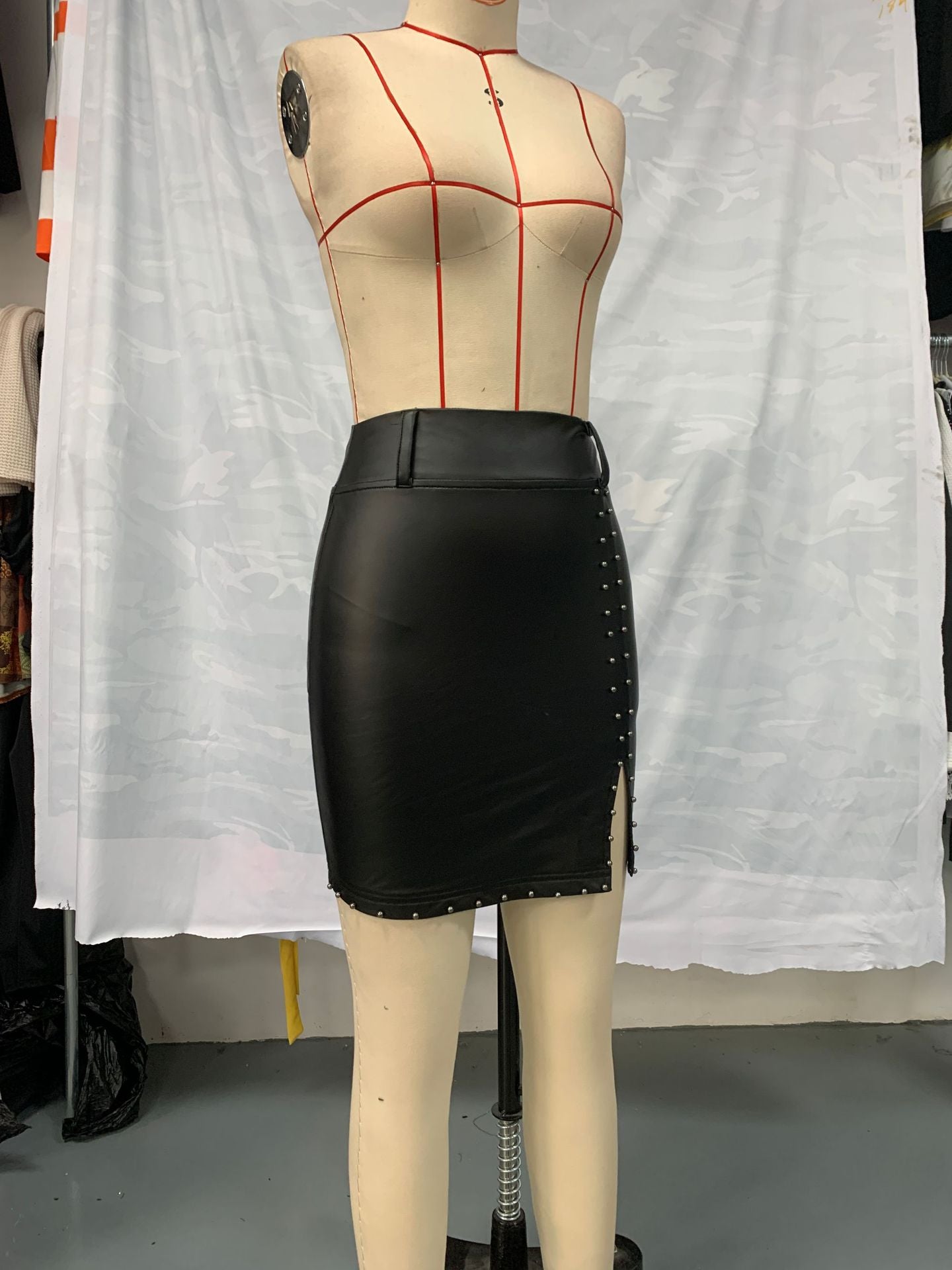 Women Casual Solid Pu-Leather Belt Zipper Bodycon Skirt 13