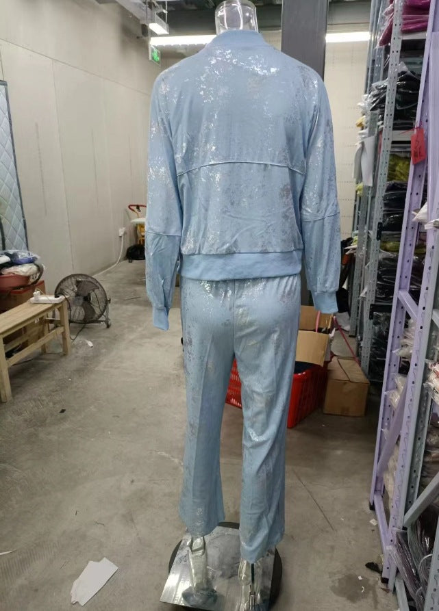 Women summer sequin print zipper casual top and pant two-piece set 14