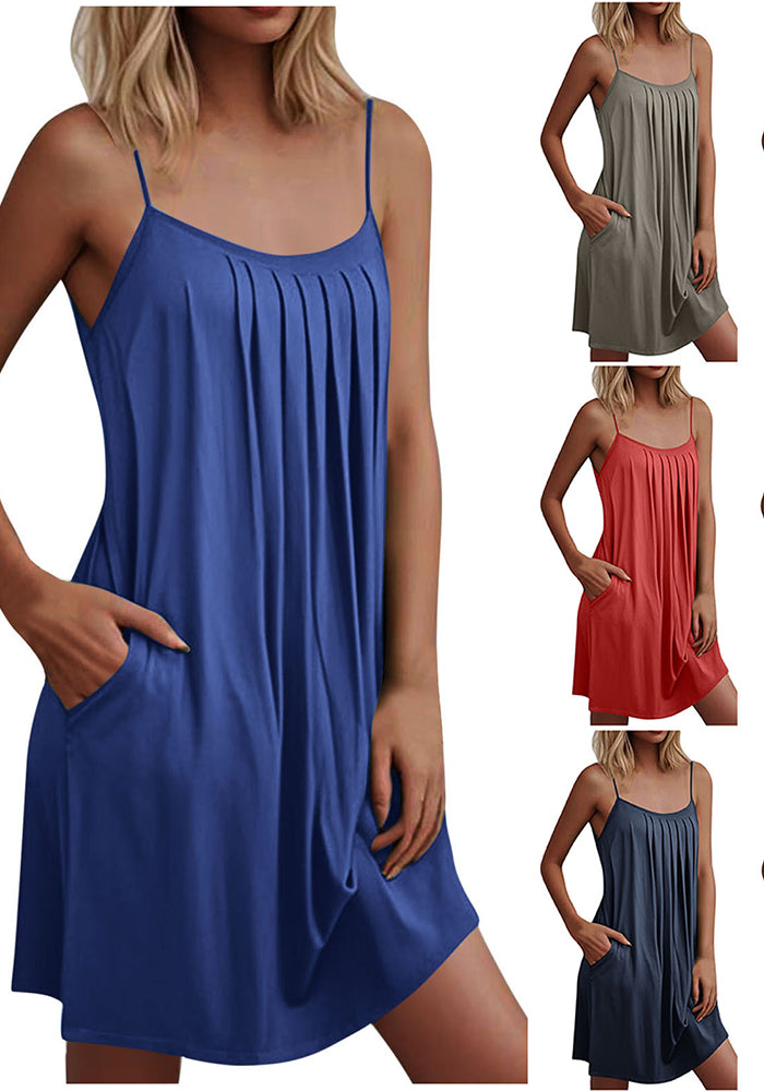 Women's Spring & Summer U-Neck Solid Color Pocket Strap Casual Dress