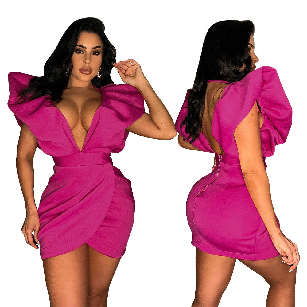 Women's Summer Sexy Deep V Short Sleeve Low Back Solid Color Dress 5