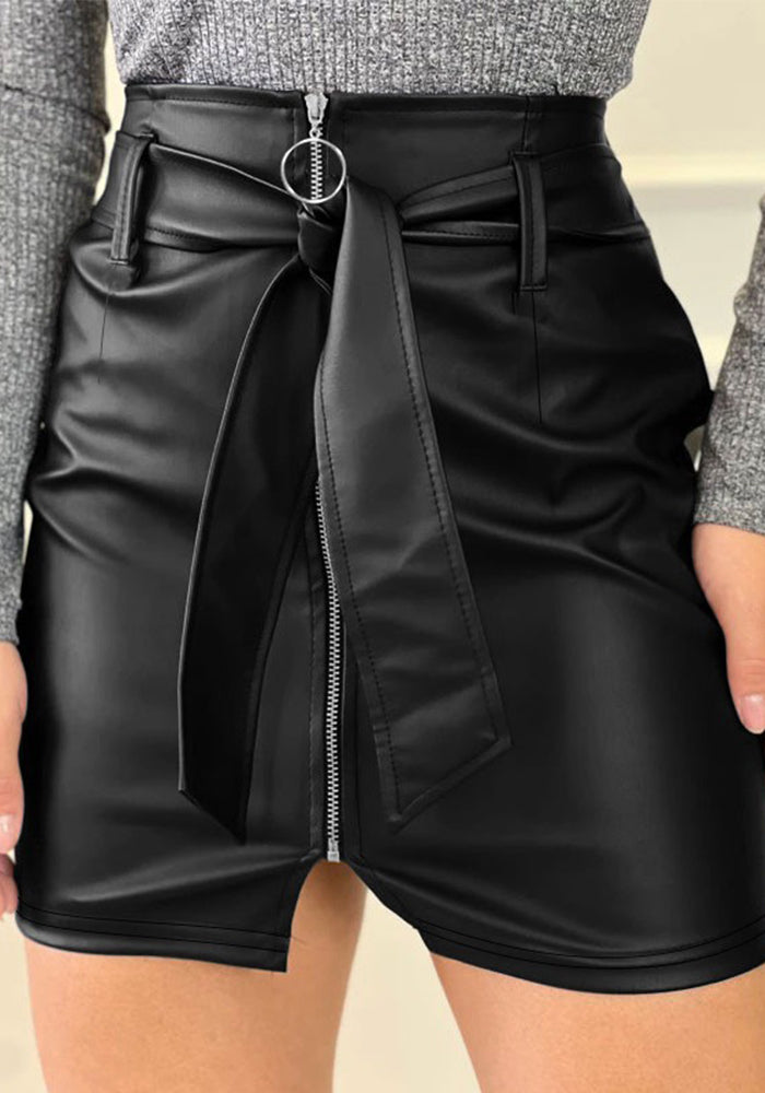 Zipper Sexy High Waist Lace-Up Short Leather Skirt