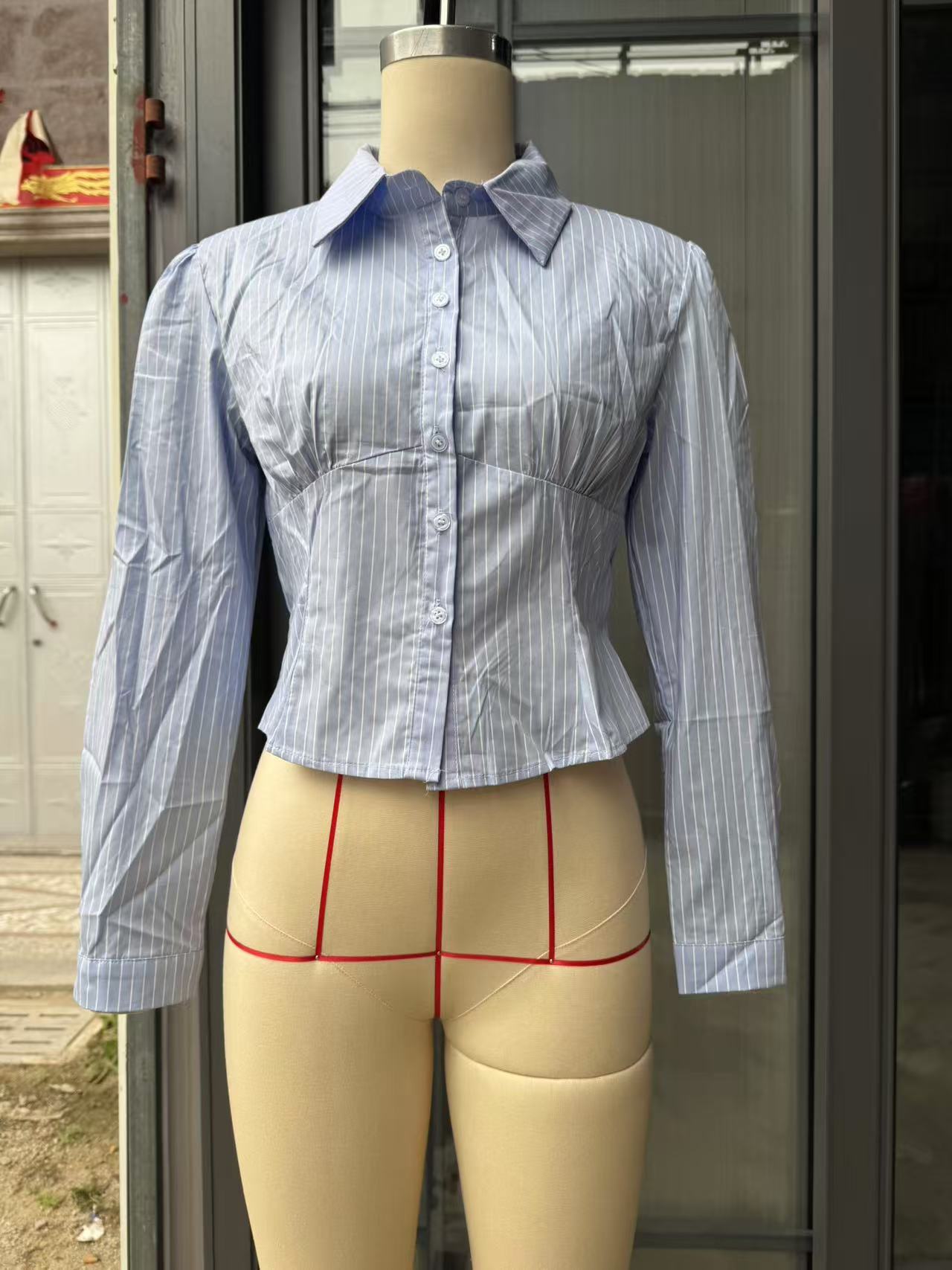 Women's Turndown Collar Shirt & Fishbone Slim Waist Top 8