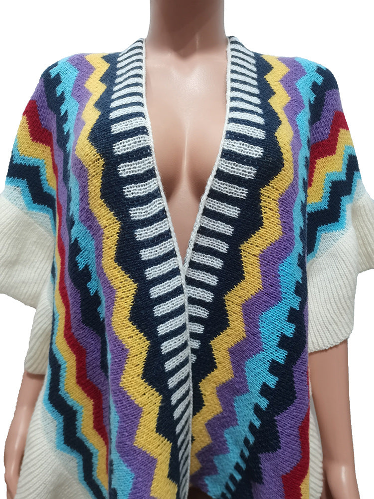 Women Autumn and Winter Geometric Knitting Crochet Tassel Cardigan Cape Jacket 16