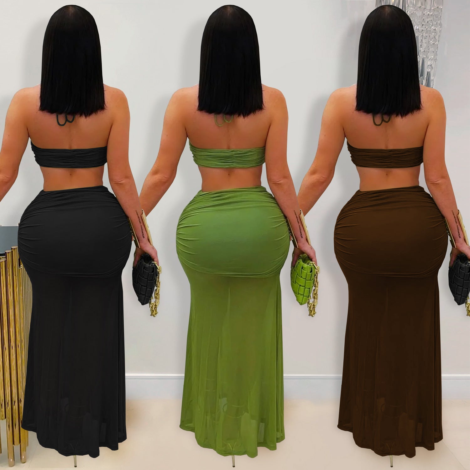 Sexy Strapless Ruched Mesh Mermaid Long Skirt Set 4