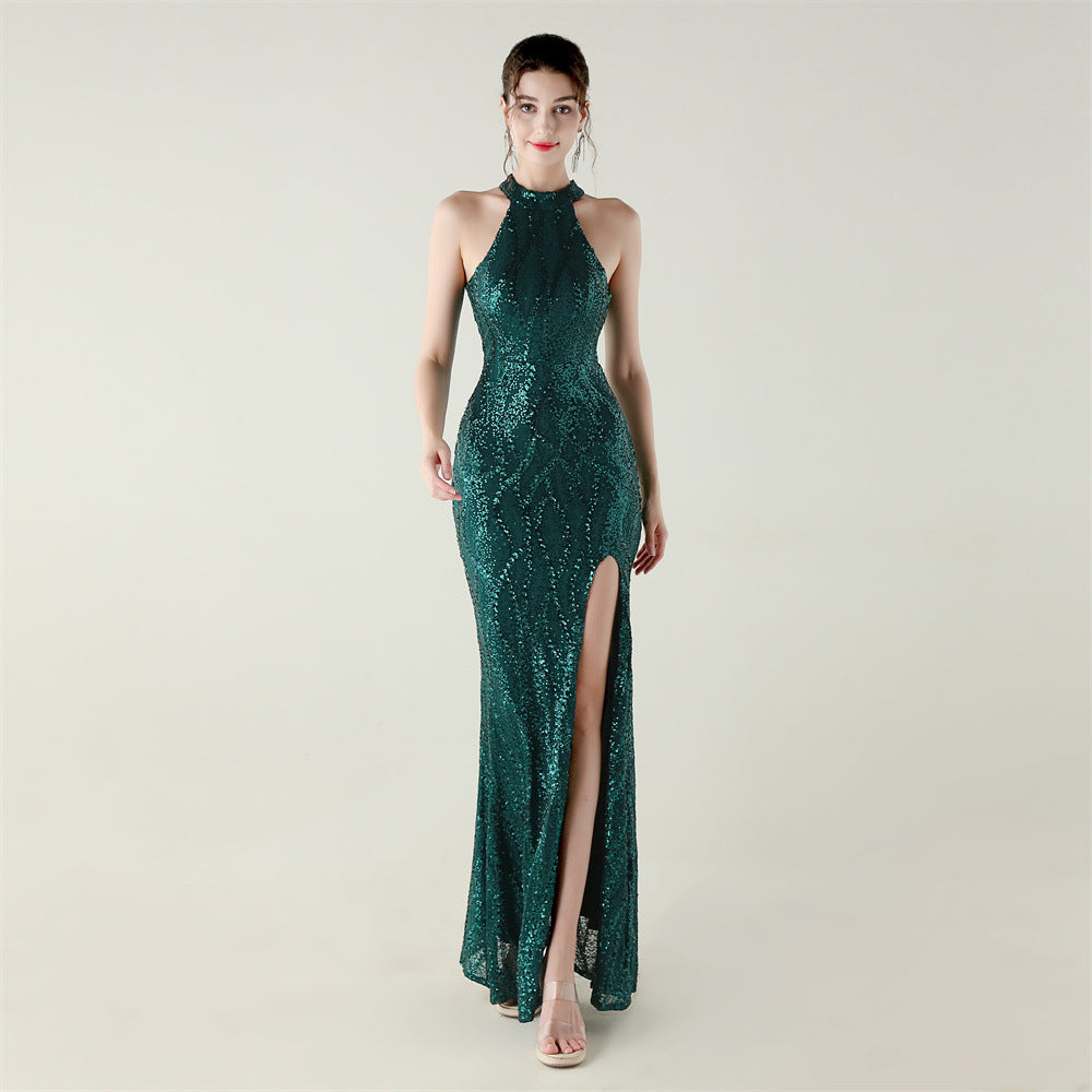 Sequin Beaded Halter Neck High Slit Fishtail Formal Party Dress 6