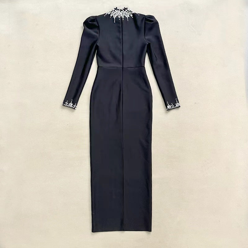 Women Black Turtleneck Long Sleeve Slit Formal Party Evening Dress 7